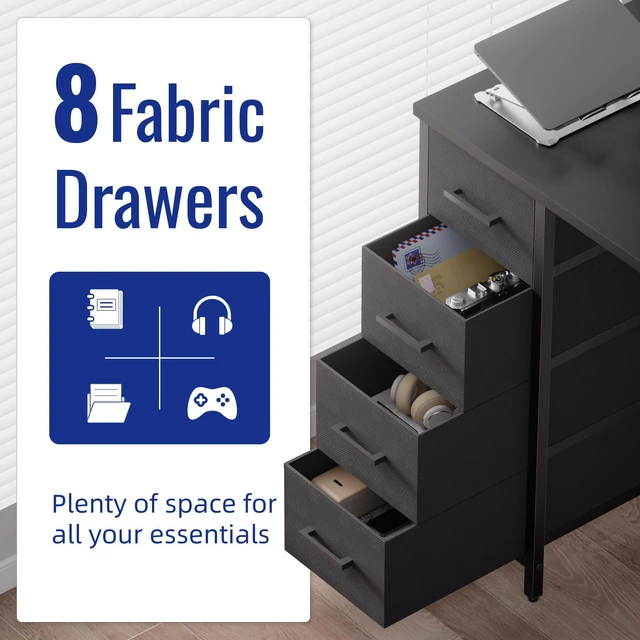Alt view image 5 of 5 - 47 Inch Computer Desk with 8 Fabric Drawers for Home Office Work | Ample Storage, Space-Saving, Suitable for Home Office Bedrooms Dorm Living Rooms for Study, Writing, Work