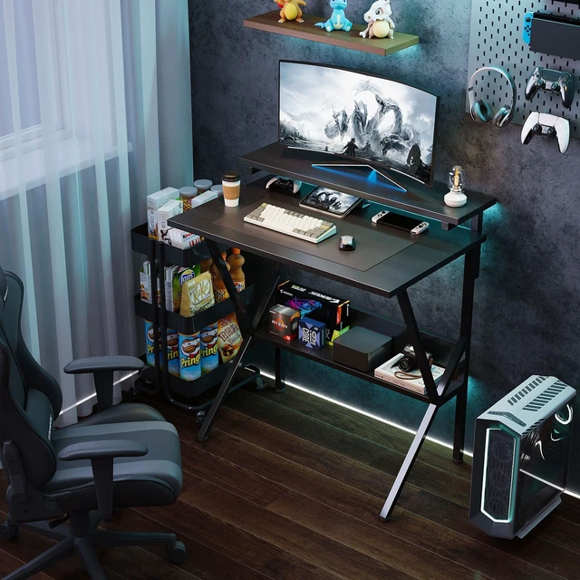 Alt view image 2 of 7 - Small Desk, 27.5 Inch Small Computer Desk for Small Spaces, Computer Desk with Adjustable Monitor Stand, Compact Desk with Storage, Tiny Desk Study Desk for Bedroom Home Office, Black