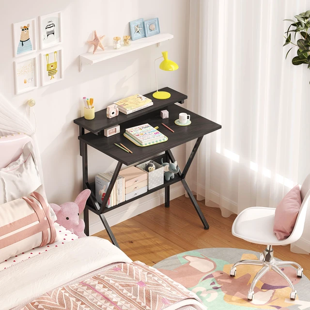 Alt view image 5 of 7 - Small Desk, 27.5 Inch Small Computer Desk for Small Spaces, Computer Desk with Adjustable Monitor Stand, Compact Desk with Storage, Tiny Desk Study Desk for Bedroom Home Office, Black