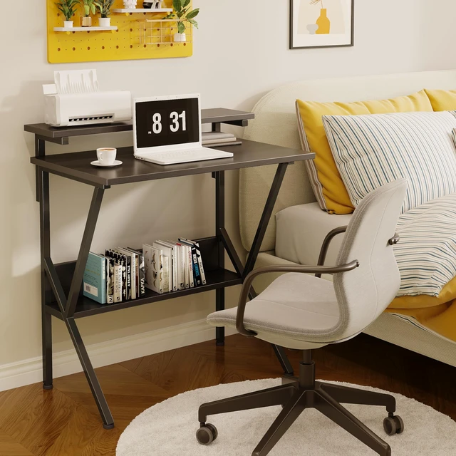 Alt view image 7 of 7 - Small Desk, 27.5 Inch Small Computer Desk for Small Spaces, Computer Desk with Adjustable Monitor Stand, Compact Desk with Storage, Tiny Desk Study Desk for Bedroom Home Office, Black