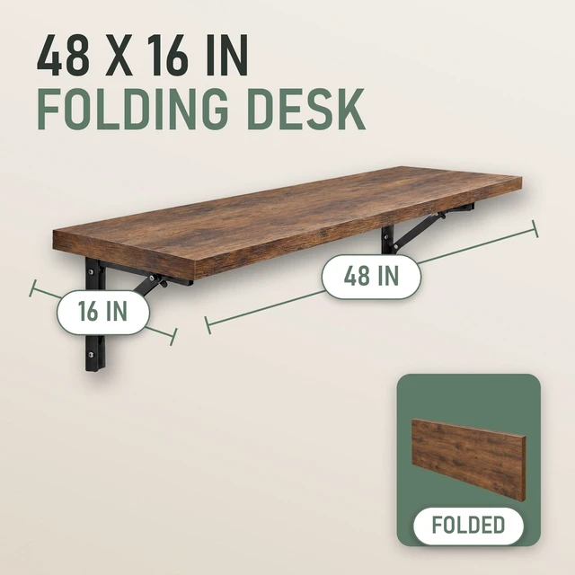 Alt view image 4 of 7 - Wall Mounted Desk, Murphy Desk, Wall Mounted Folding Table, 48x16 Brown | Laundry Folding Table, Fold Down Work Bench, Foldable Station, Floating Bar, Hanging, Dining, Kitchen, Clothes