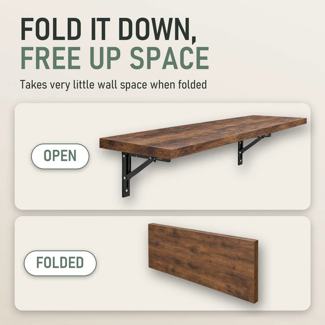 Alt view image 5 of 7 - Wall Mounted Desk, Murphy Desk, Wall Mounted Folding Table, 48x16 Brown | Laundry Folding Table, Fold Down Work Bench, Foldable Station, Floating Bar, Hanging, Dining, Kitchen, Clothes