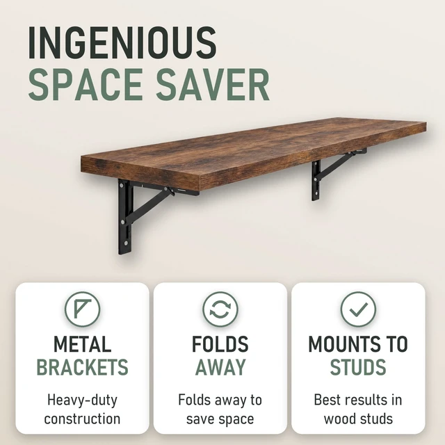 Alt view image 6 of 7 - Wall Mounted Desk, Murphy Desk, Wall Mounted Folding Table, 48x16 Brown | Laundry Folding Table, Fold Down Work Bench, Foldable Station, Floating Bar, Hanging, Dining, Kitchen, Clothes