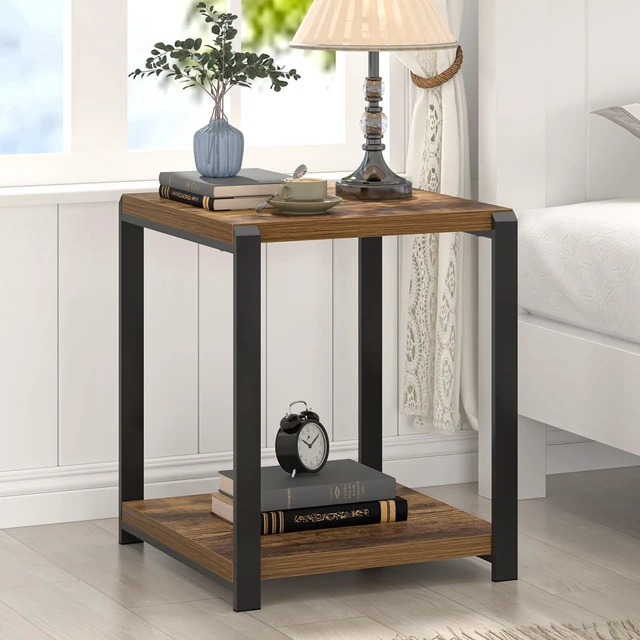 Alt view image 2 of 7 - End Table with Storage Shelf, Modern Side Table for Living Room, Wood and Metal Bedside Table Nightstand, Rustic Brown