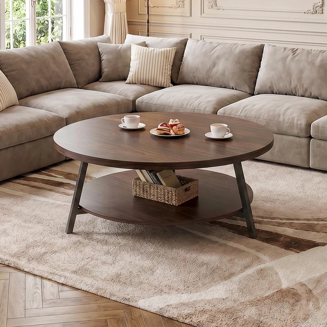 Main image of 29.5" Round Wood Coffee Table with 2-Tier Storage, 1" Thick Top | Wood Circle Center Table with 150 Lbs Load, Water-Resistant, 3D Wood Grain, Anti-Wobble Frame, Easy Assembly, Black Walnut