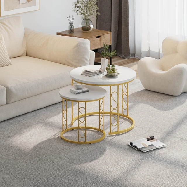 Alt view image 3 of 7 - Coffee Table Faux Marble Nesting Table for Small Place 2 Sets Modern Furniture Living Room Sets End Side Table Night Stand for Bed Room Dining Room (White & Gold)