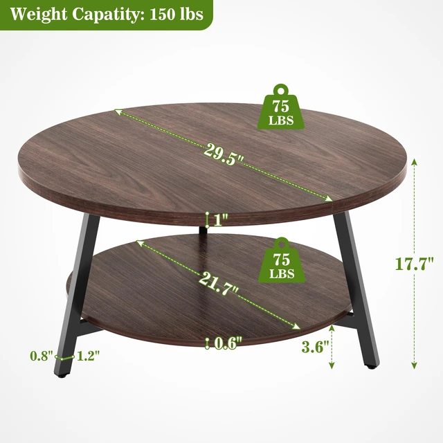 Alt view image 3 of 7 - 29.5" Round Wood Coffee Table with 2-Tier Storage, 1" Thick Top | Wood Circle Center Table with 150 Lbs Load, Water-Resistant, 3D Wood Grain, Anti-Wobble Frame, Easy Assembly, Black Walnut