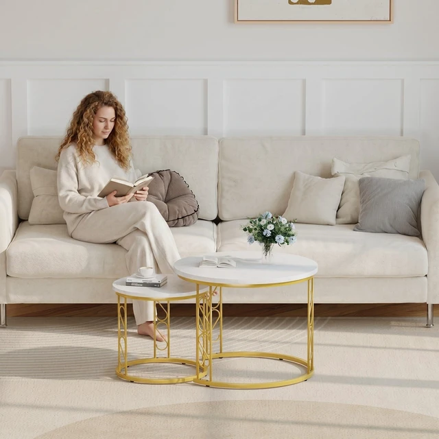 Alt view image 5 of 7 - Coffee Table Faux Marble Nesting Table for Small Place 2 Sets Modern Furniture Living Room Sets End Side Table Night Stand for Bed Room Dining Room (White & Gold)