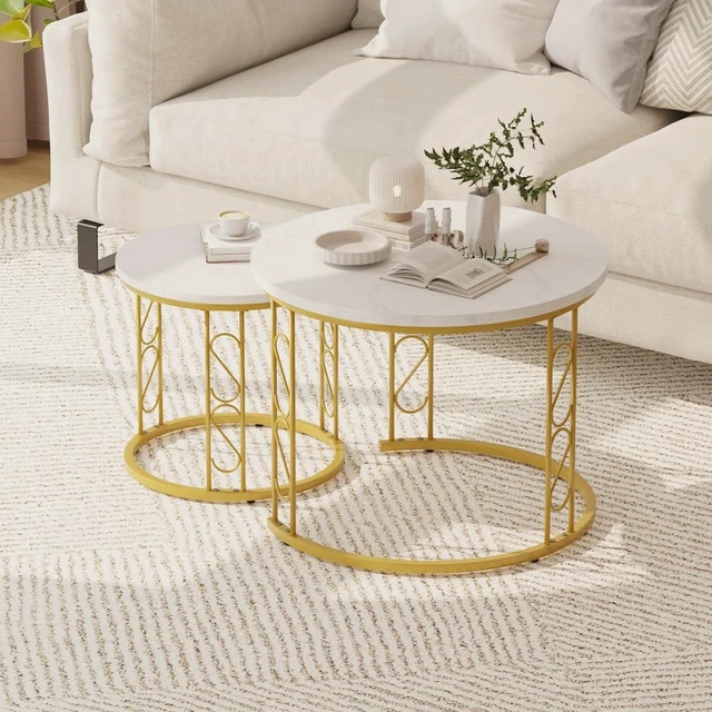 Alt view image 4 of 7 - Coffee Table Faux Marble Nesting Table for Small Place 2 Sets Modern Furniture Living Room Sets End Side Table Night Stand for Bed Room Dining Room (White & Gold)