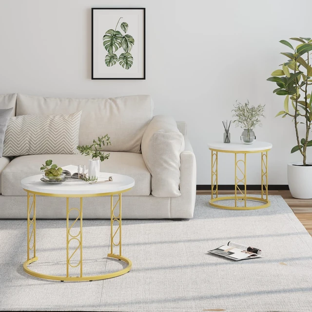 Alt view image 6 of 7 - Coffee Table Faux Marble Nesting Table for Small Place 2 Sets Modern Furniture Living Room Sets End Side Table Night Stand for Bed Room Dining Room (White & Gold)
