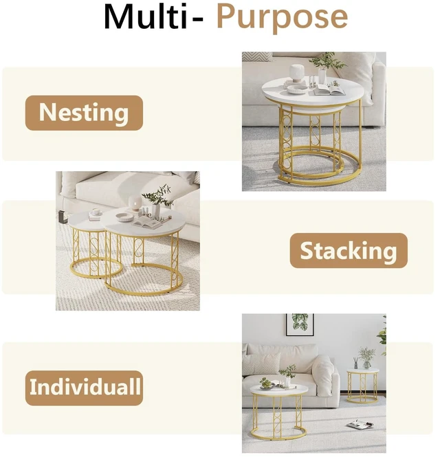 Alt view image 7 of 7 - Coffee Table Faux Marble Nesting Table for Small Place 2 Sets Modern Furniture Living Room Sets End Side Table Night Stand for Bed Room Dining Room (White & Gold)