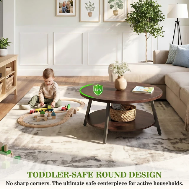 Alt view image 6 of 7 - 29.5" Round Wood Coffee Table with 2-Tier Storage, 1" Thick Top | Wood Circle Center Table with 150 Lbs Load, Water-Resistant, 3D Wood Grain, Anti-Wobble Frame, Easy Assembly, Black Walnut