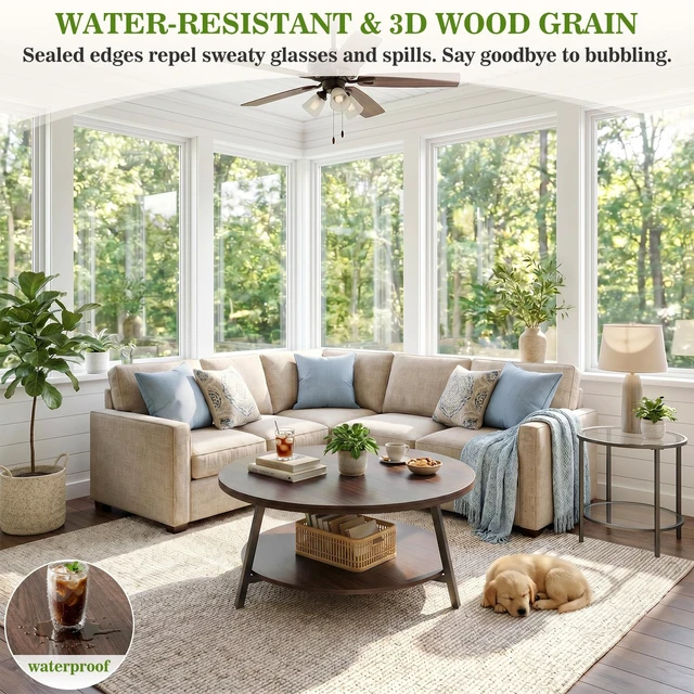 Alt view image 7 of 7 - 29.5" Round Wood Coffee Table with 2-Tier Storage, 1" Thick Top | Wood Circle Center Table with 150 Lbs Load, Water-Resistant, 3D Wood Grain, Anti-Wobble Frame, Easy Assembly, Black Walnut