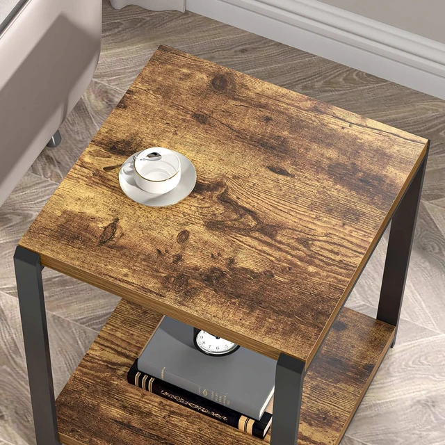 Alt view image 4 of 7 - End Table with Storage Shelf, Modern Side Table for Living Room, Wood and Metal Bedside Table Nightstand, Rustic Brown