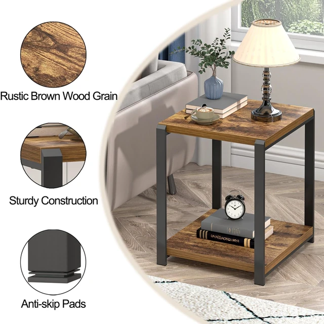 Alt view image 6 of 7 - End Table with Storage Shelf, Modern Side Table for Living Room, Wood and Metal Bedside Table Nightstand, Rustic Brown