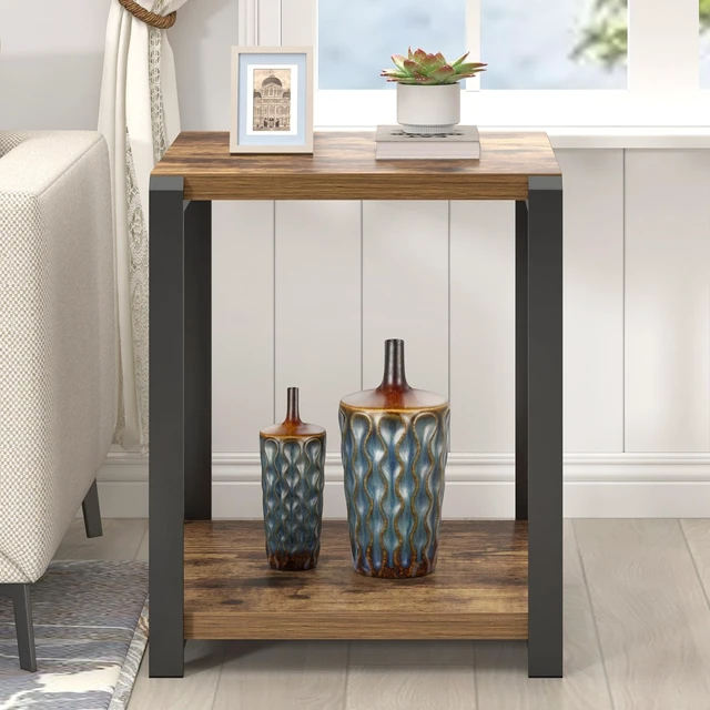 Alt view image 7 of 7 - End Table with Storage Shelf, Modern Side Table for Living Room, Wood and Metal Bedside Table Nightstand, Rustic Brown
