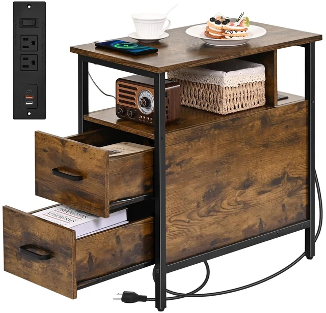 Main image of Side Tables with Charging Station, Narrow End Table with Wooden Drawers | Bedside Table with USB Ports and Power Outlets Narrow Nightstand for Living Room ,Bedroom , 23.6 x 13.8 x 24.4 Inches,Brown