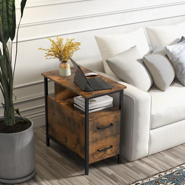 Alt view image 2 of 6 - Side Tables with Charging Station, Narrow End Table with Wooden Drawers | Bedside Table with USB Ports and Power Outlets Narrow Nightstand for Living Room ,Bedroom , 23.6 x 13.8 x 24.4 Inches,Brown