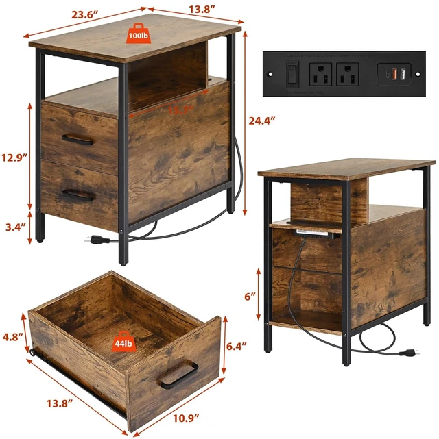 Alt view image 3 of 6 - Side Tables with Charging Station, Narrow End Table with Wooden Drawers | Bedside Table with USB Ports and Power Outlets Narrow Nightstand for Living Room ,Bedroom , 23.6 x 13.8 x 24.4 Inches,Brown