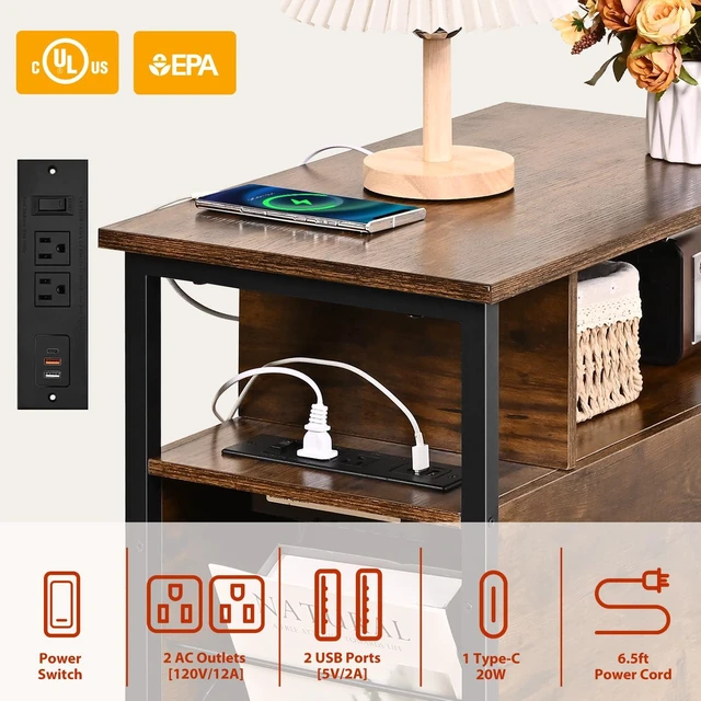 Alt view image 4 of 6 - Side Tables with Charging Station, Narrow End Table with Wooden Drawers | Bedside Table with USB Ports and Power Outlets Narrow Nightstand for Living Room ,Bedroom , 23.6 x 13.8 x 24.4 Inches,Brown