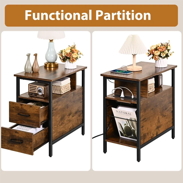 Alt view image 5 of 6 - Side Tables with Charging Station, Narrow End Table with Wooden Drawers | Bedside Table with USB Ports and Power Outlets Narrow Nightstand for Living Room ,Bedroom , 23.6 x 13.8 x 24.4 Inches,Brown