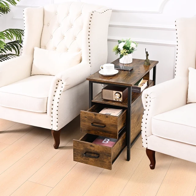 Alt view image 6 of 6 - Side Tables with Charging Station, Narrow End Table with Wooden Drawers | Bedside Table with USB Ports and Power Outlets Narrow Nightstand for Living Room ,Bedroom , 23.6 x 13.8 x 24.4 Inches,Brown