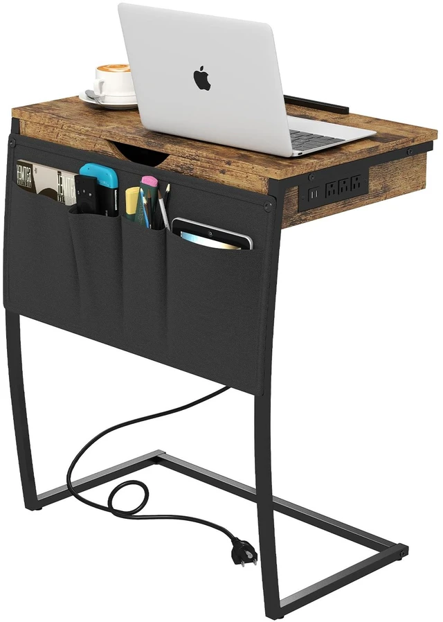 Main image of TV Tray Table for Eating on Couch, Tiltable 0-52°, Hidden Storage | Laptop Desk for Couch with Storage & Charging Station, TV Dinner Trays for Small Spaces, C Shaped End Table, Rustic Brown