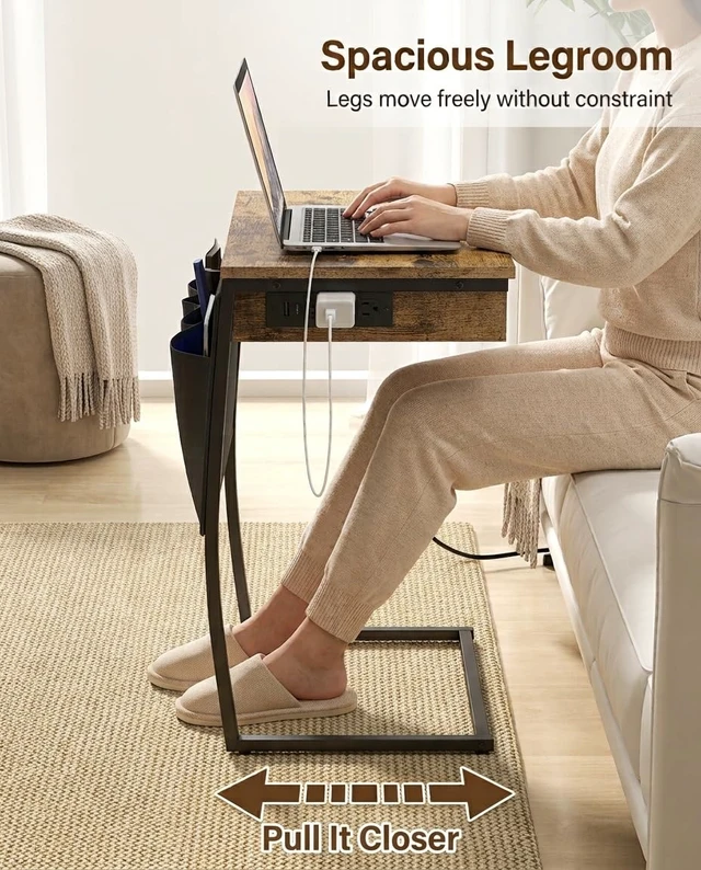 Alt view image 4 of 7 - TV Tray Table for Eating on Couch, Tiltable 0-52°, Hidden Storage | Laptop Desk for Couch with Storage & Charging Station, TV Dinner Trays for Small Spaces, C Shaped End Table, Rustic Brown