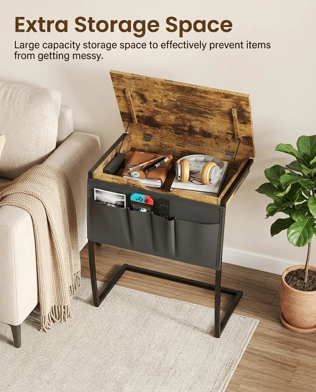 Alt view image 6 of 7 - TV Tray Table for Eating on Couch, Tiltable 0-52°, Hidden Storage | Laptop Desk for Couch with Storage & Charging Station, TV Dinner Trays for Small Spaces, C Shaped End Table, Rustic Brown