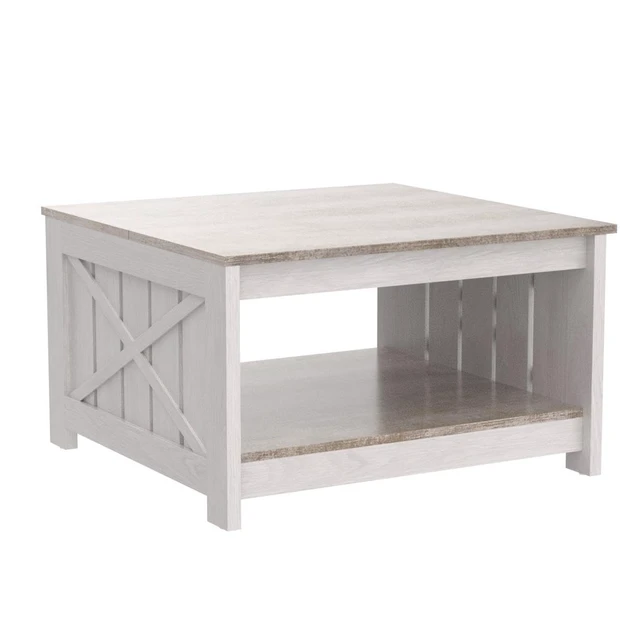 Alt view image 4 of 7 - Coffee Table Farmhouse Coffee Table with Storage Rustic Wood | Grey-wash farmhouse coffee table with 2-tier semi-open shelf, X-frames and 180 lb capacity