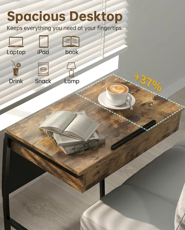 Alt view image 5 of 7 - TV Tray Table for Eating on Couch, Tiltable 0-52°, Hidden Storage | Laptop Desk for Couch with Storage & Charging Station, TV Dinner Trays for Small Spaces, C Shaped End Table, Rustic Brown