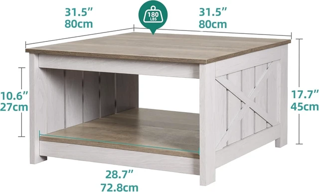 Alt view image 2 of 7 - Coffee Table Farmhouse Coffee Table with Storage Rustic Wood | Grey-wash farmhouse coffee table with 2-tier semi-open shelf, X-frames and 180 lb capacity