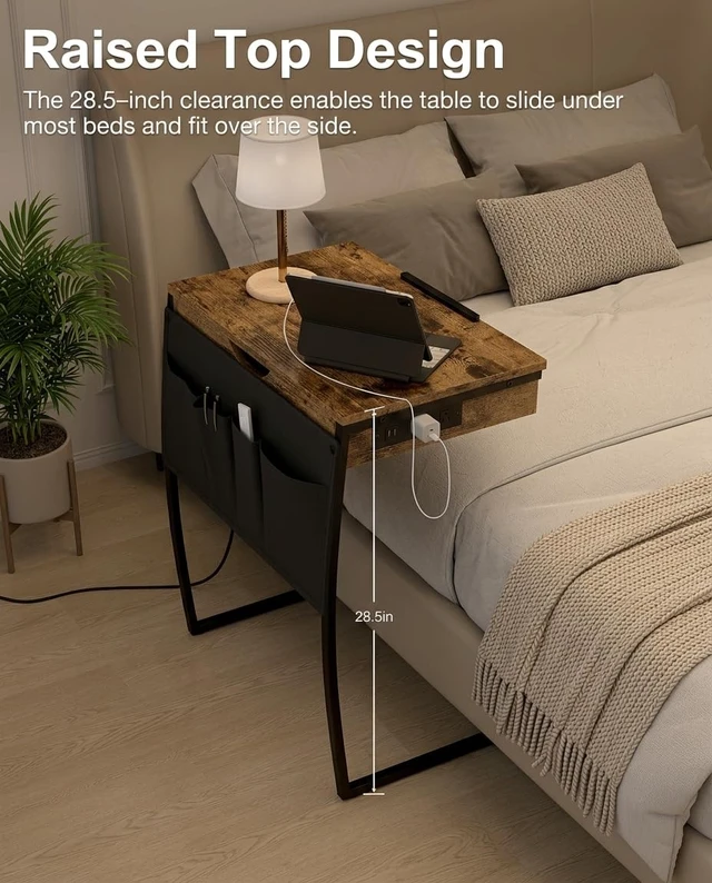 Alt view image 7 of 7 - TV Tray Table for Eating on Couch, Tiltable 0-52°, Hidden Storage | Laptop Desk for Couch with Storage & Charging Station, TV Dinner Trays for Small Spaces, C Shaped End Table, Rustic Brown