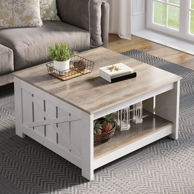 Main image of Coffee Table Farmhouse Coffee Table with Storage Rustic Wood | Grey-wash farmhouse coffee table with 2-tier semi-open shelf, X-frames and 180 lb capacity