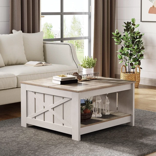 Alt view image 5 of 7 - Coffee Table Farmhouse Coffee Table with Storage Rustic Wood | Grey-wash farmhouse coffee table with 2-tier semi-open shelf, X-frames and 180 lb capacity