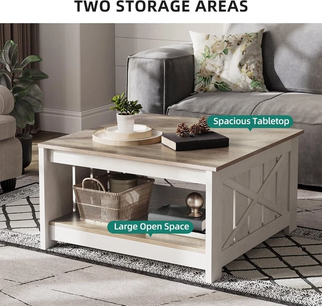 Alt view image 7 of 7 - Coffee Table Farmhouse Coffee Table with Storage Rustic Wood | Grey-wash farmhouse coffee table with 2-tier semi-open shelf, X-frames and 180 lb capacity