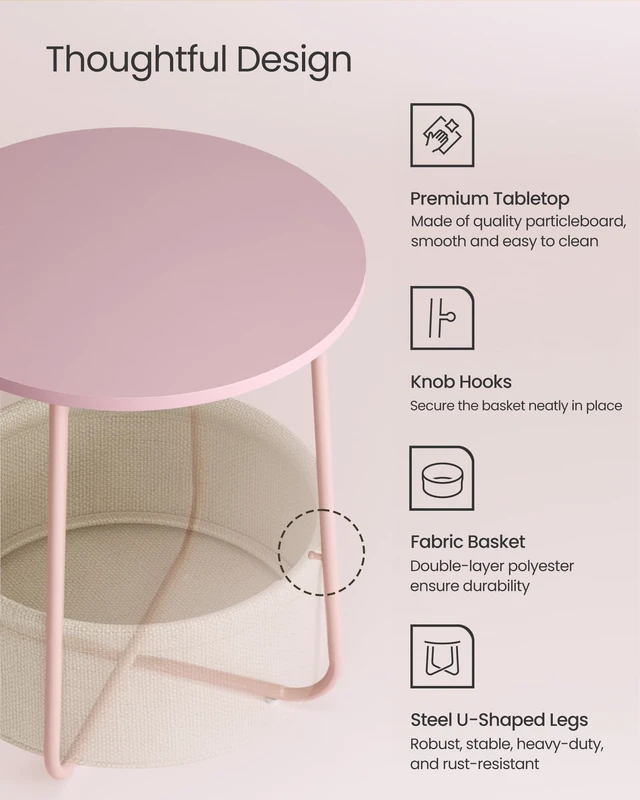 Alt view image 3 of 7 - Small Round Side End Table, Small Nightstand with Fabric Basket | Modern Bedside Table Set of 2, for Living Room, Bedroom, Jelly Pink and Cream White, LILEA Collection ULET225SA01S
