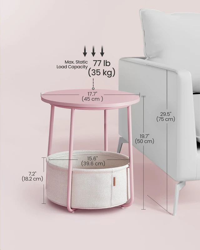 Alt view image 4 of 7 - Small Round Side End Table, Small Nightstand with Fabric Basket | Modern Bedside Table Set of 2, for Living Room, Bedroom, Jelly Pink and Cream White, LILEA Collection ULET225SA01S