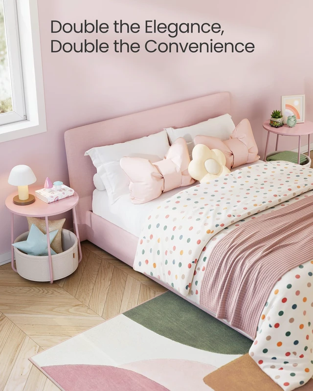 Alt view image 2 of 7 - Small Round Side End Table, Small Nightstand with Fabric Basket | Modern Bedside Table Set of 2, for Living Room, Bedroom, Jelly Pink and Cream White, LILEA Collection ULET225SA01S