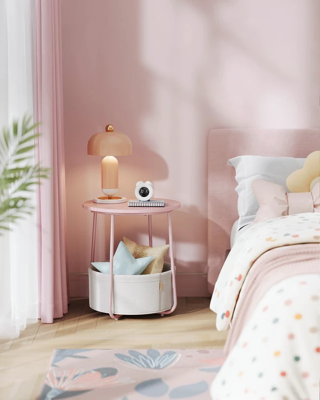 Alt view image 6 of 7 - Small Round Side End Table, Small Nightstand with Fabric Basket | Modern Bedside Table Set of 2, for Living Room, Bedroom, Jelly Pink and Cream White, LILEA Collection ULET225SA01S