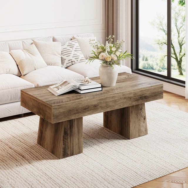 Main image of Farmhouse Coffee Table, 47 Inches Wooden Rectangular Accent Center Tables with Thick Base, Modern Low Cocktail Tea Furniture for Living Room (Rustic Brown)