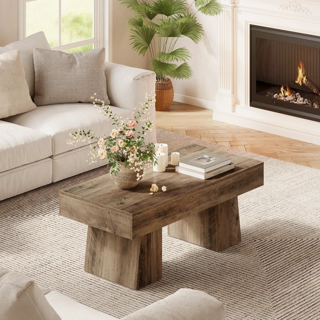Alt view image 2 of 7 - Farmhouse Coffee Table, 47 Inches Wooden Rectangular Accent Center Tables with Thick Base, Modern Low Cocktail Tea Furniture for Living Room (Rustic Brown)