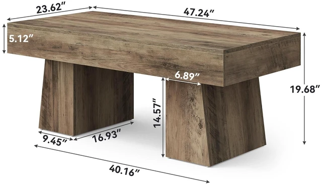 Alt view image 3 of 7 - Farmhouse Coffee Table, 47 Inches Wooden Rectangular Accent Center Tables with Thick Base, Modern Low Cocktail Tea Furniture for Living Room (Rustic Brown)
