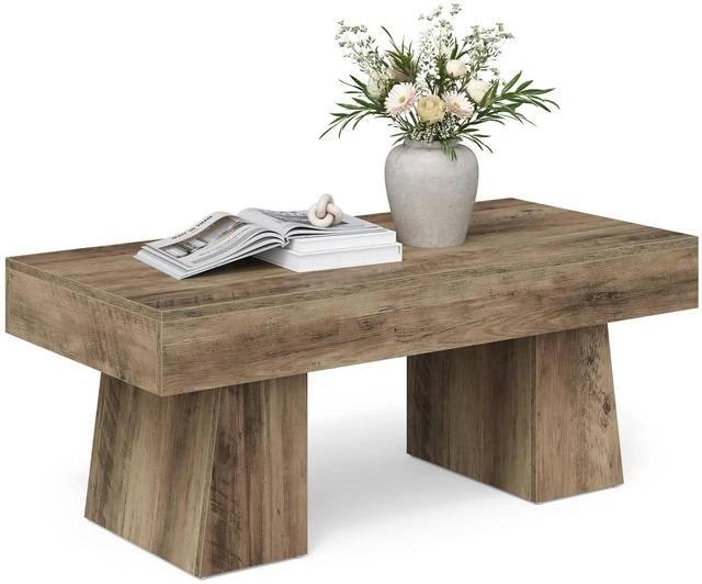 Alt view image 6 of 7 - Farmhouse Coffee Table, 47 Inches Wooden Rectangular Accent Center Tables with Thick Base, Modern Low Cocktail Tea Furniture for Living Room (Rustic Brown)