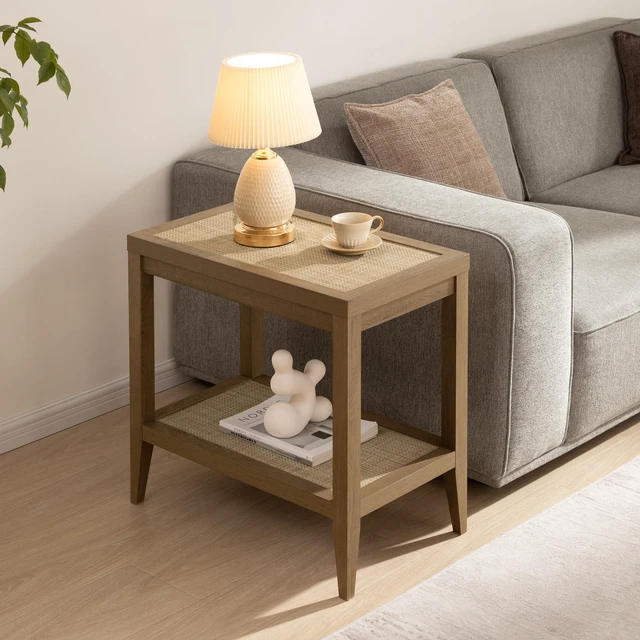 Main image of Rattan Side Tables Living Room Table, End Table with Storage | Farmhouse Boho Night Stand with 2 Rattan Open Shelves, Bedside Table for Bedroom, Living Room, Small Spaces