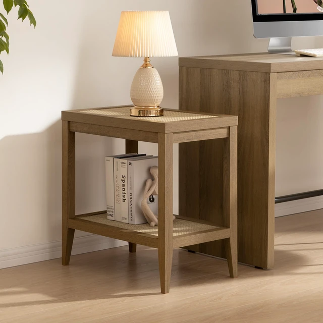 Alt view image 2 of 7 - Rattan Side Tables Living Room Table, End Table with Storage | Farmhouse Boho Night Stand with 2 Rattan Open Shelves, Bedside Table for Bedroom, Living Room, Small Spaces