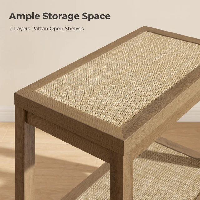 Alt view image 3 of 7 - Rattan Side Tables Living Room Table, End Table with Storage | Farmhouse Boho Night Stand with 2 Rattan Open Shelves, Bedside Table for Bedroom, Living Room, Small Spaces