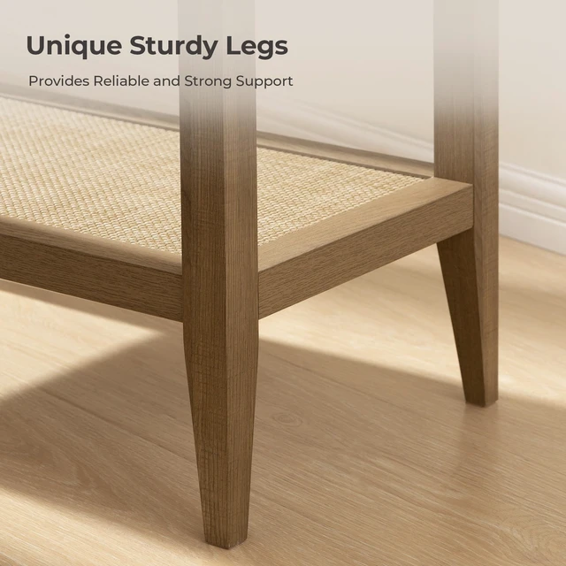 Alt view image 4 of 7 - Rattan Side Tables Living Room Table, End Table with Storage | Farmhouse Boho Night Stand with 2 Rattan Open Shelves, Bedside Table for Bedroom, Living Room, Small Spaces