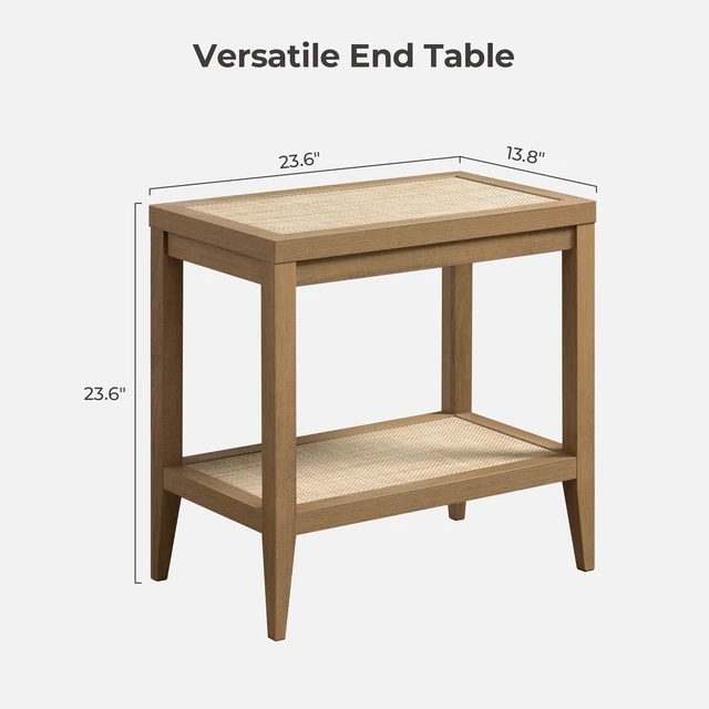 Alt view image 5 of 7 - Rattan Side Tables Living Room Table, End Table with Storage | Farmhouse Boho Night Stand with 2 Rattan Open Shelves, Bedside Table for Bedroom, Living Room, Small Spaces