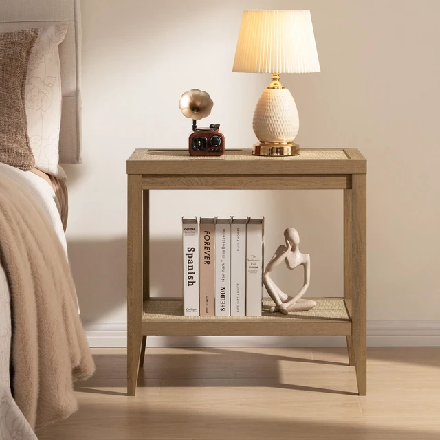 Alt view image 6 of 7 - Rattan Side Tables Living Room Table, End Table with Storage | Farmhouse Boho Night Stand with 2 Rattan Open Shelves, Bedside Table for Bedroom, Living Room, Small Spaces